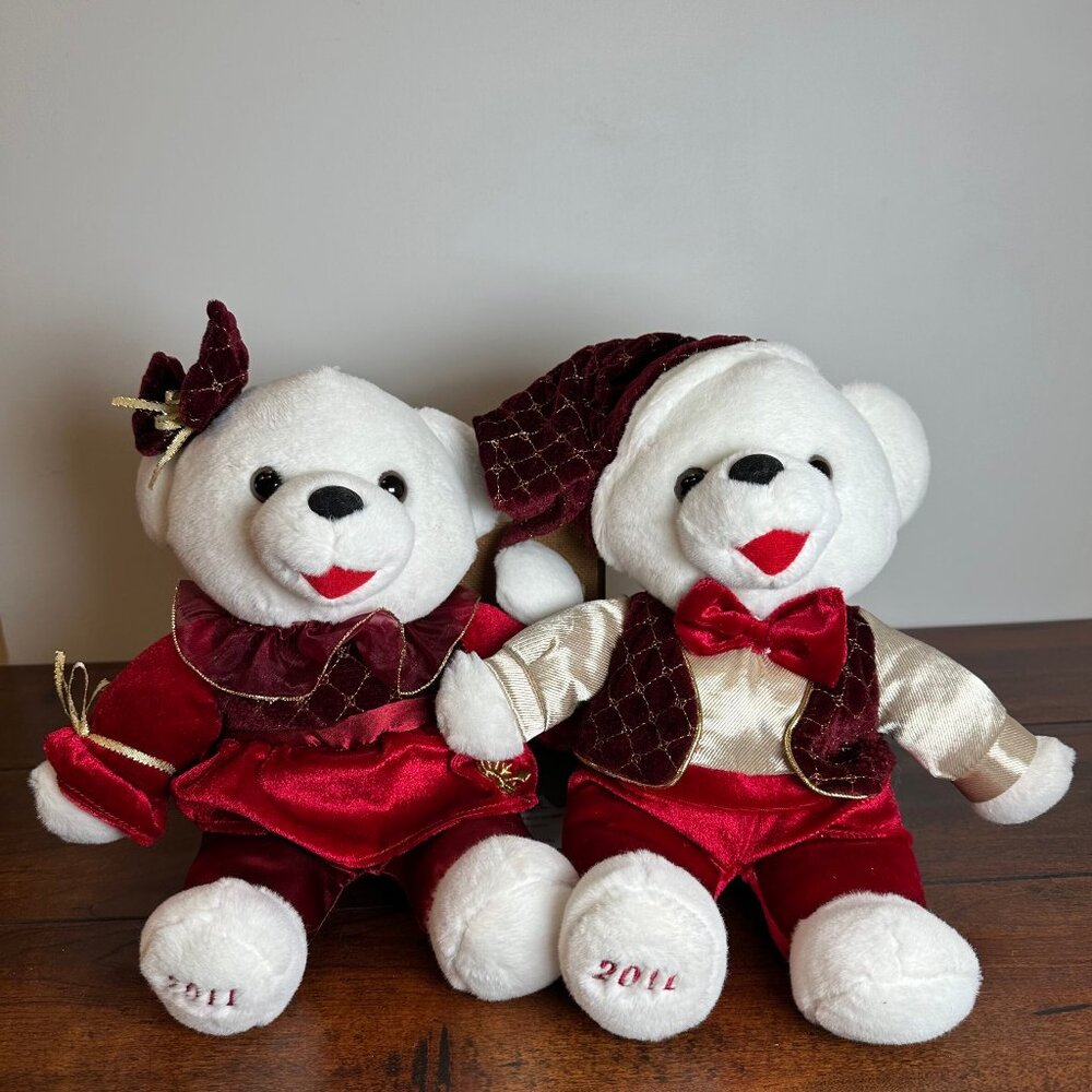 Pair of Snowflake Teddy 2011 Holiday Plush Bear Set, Red Velvet Outfits